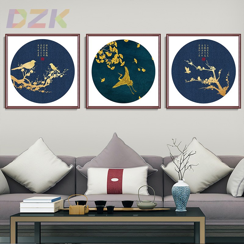 新中式古风方形花鸟挂画玄关卧室客厅沙发背景墙装饰画实木框壁m6