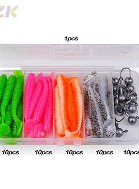 51pcs路亚软鱼套装 T尾路亚软体饵 软虫铅头钩路亚饵盒套装DWS5m6