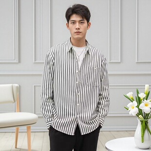 黑白竖条纹衬衫男士长袖日系复古上衣高级感宽松休闲外套叠穿衬衣