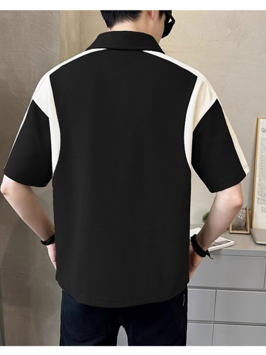 SUMMER BRITISH MENS ICE SILK SHORT SLEEVE POLO SHIRT FASHION COLOR-BLOCKED HALF SLEEVE TRENDY LAPEL T-SHIRT WAFFLE TOP