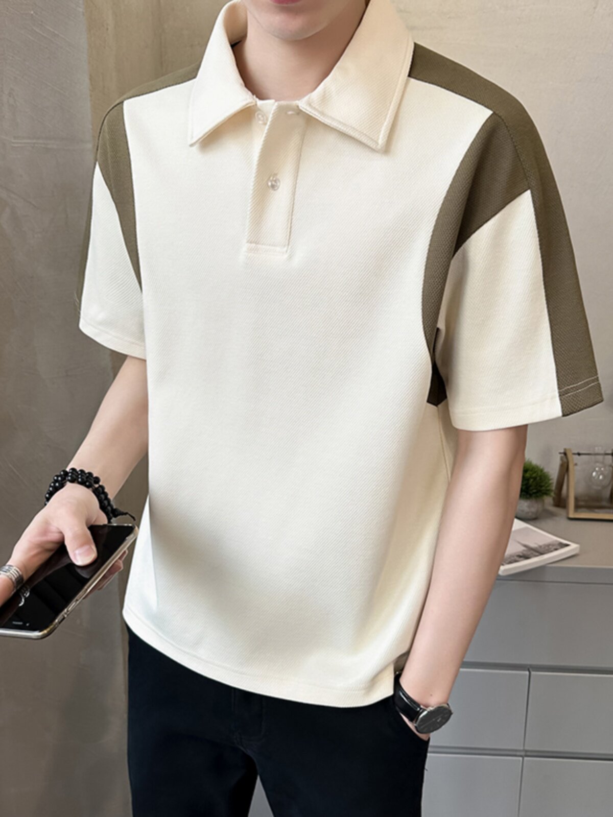 SUMMER BRITISH MENS ICE SILK SHORT SLEEVE POLO SHIRT FASHION COLOR-BLOCKED HALF SLEEVE TRENDY LAPEL T-SHIRT WAFFLE TOP