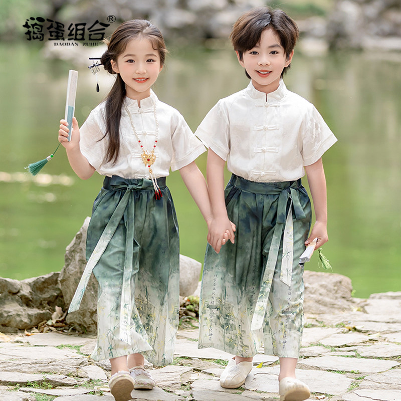 男童汉服夏季短袖女童古风古装国风唐装中式裤裙幼儿园中秋演出服