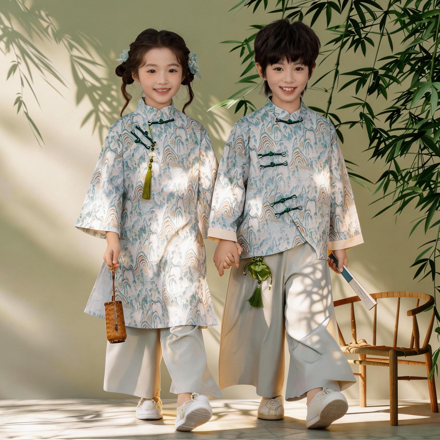 中国风儿童春夏女童中式旗袍幼儿园班服小学生演出服男童汉服古装