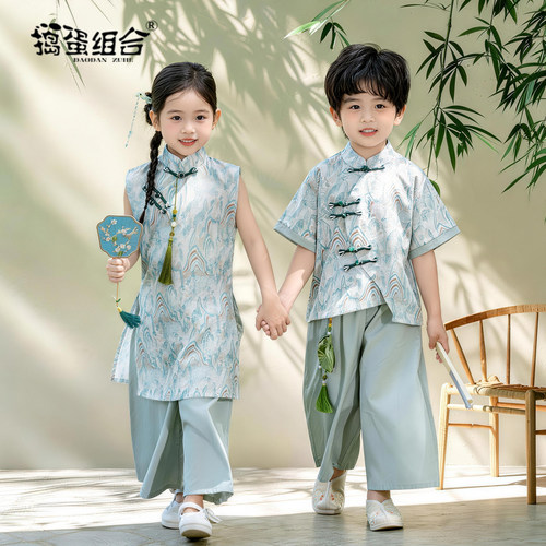 女童旗袍夏季薄款中式国风古装男童汉服幼儿园毕业服装端午演出服