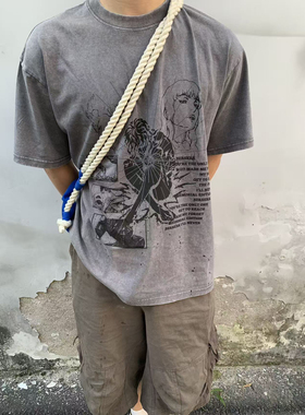 KAICHUJIN原创烙印战士水洗灰纯棉短袖不起球免熨不起皱垂坠感