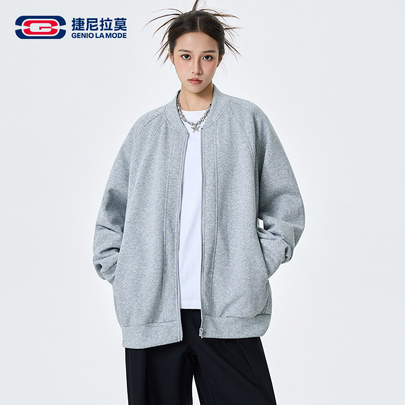 【敖瑞鹏代言】捷尼拉莫纯色秋季灰色休闲针织卫衣棒球领圆领长袖