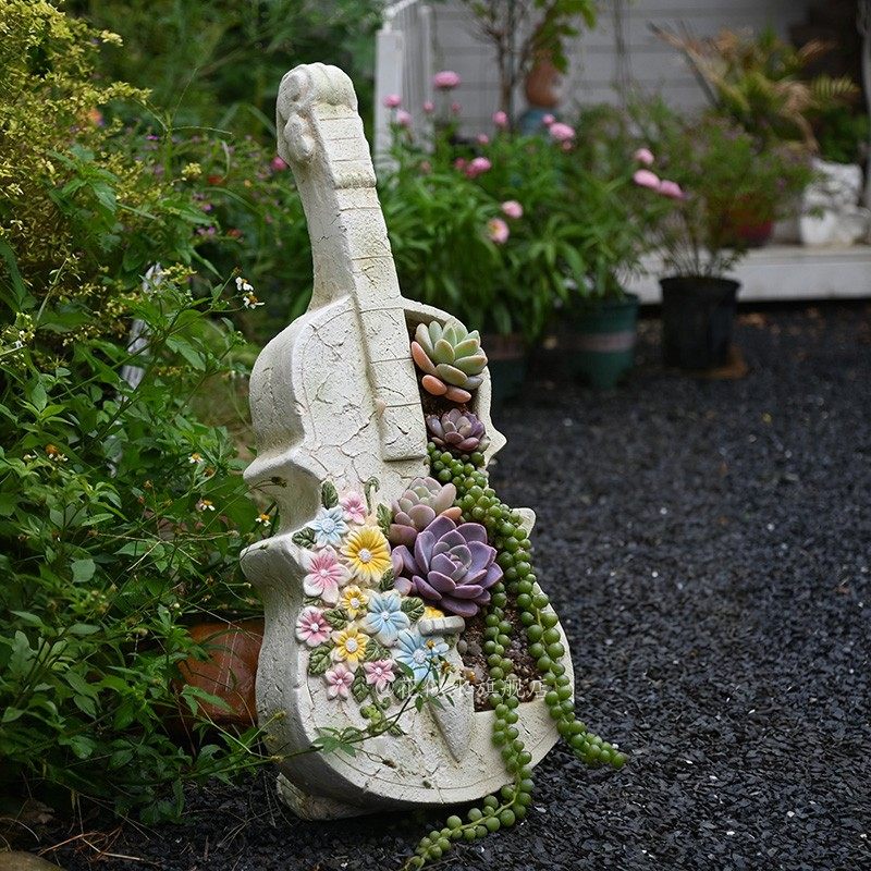 创意小提琴造型花盆水泥复古花园装饰多肉植物种植盆