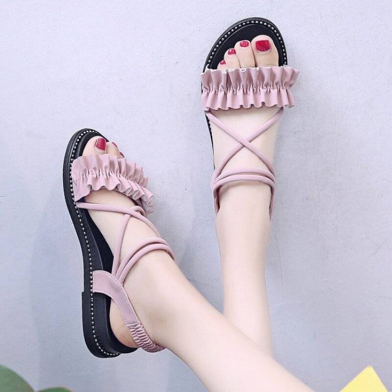 仙女风凉鞋女学生韩版平底花边原宿风女鞋2019新款潮夏季网红鞋子在类目 女鞋, 凉鞋中 - 来自Buy2taobao.com提供专业的淘宝代购服务