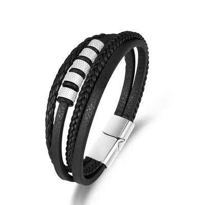 简约标志头层牛皮革手链女手工编织多层百搭个性不锈钢珠子手环男