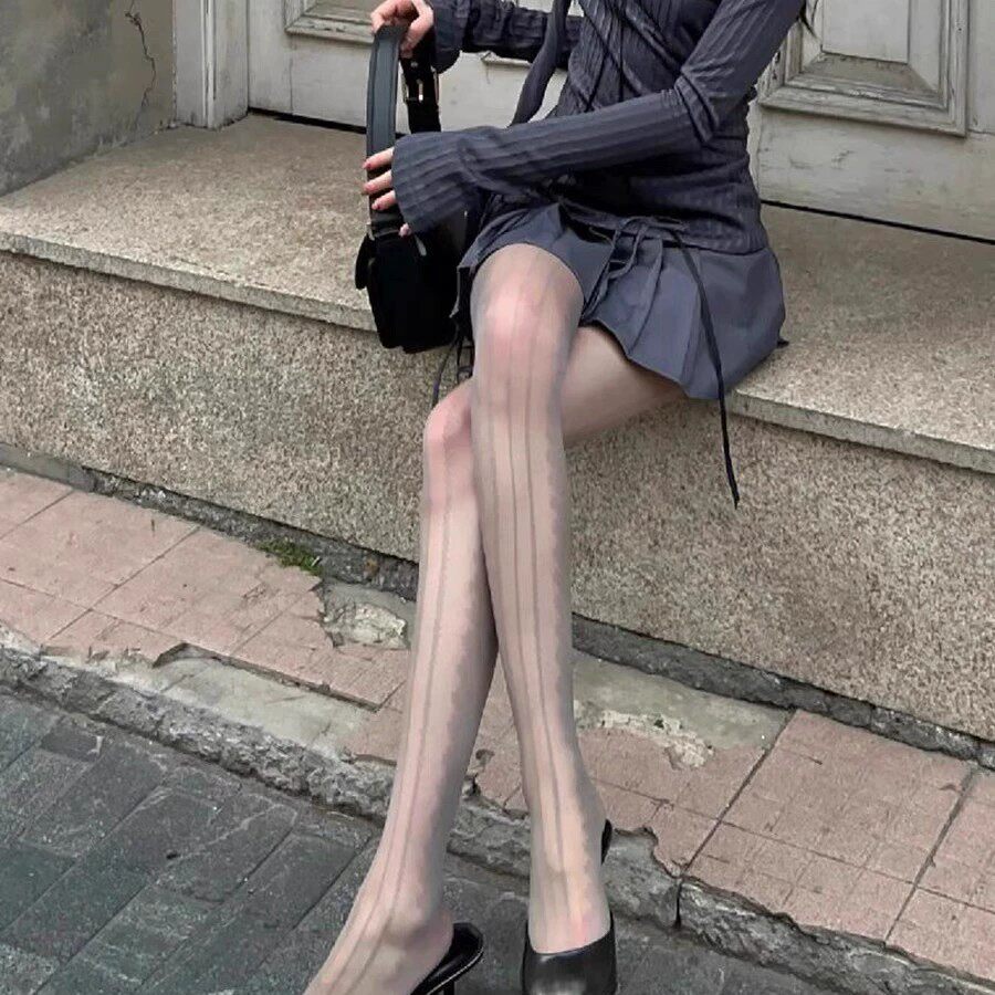 春秋超薄蕾丝竖条纹连裤袜
