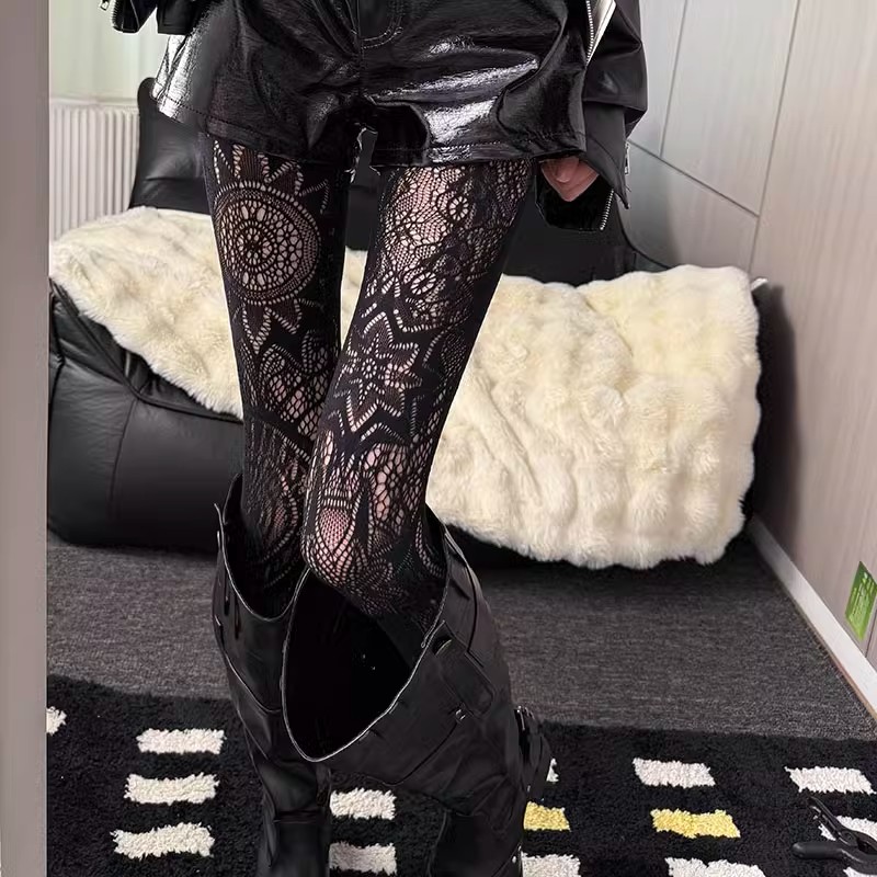 黑色摩登暗黑蕾丝镂空连裤袜