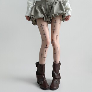 朋克风十字架暗黑镂空打底洛丽塔日系黑色辣妹显瘦连裤袜黑丝袜子