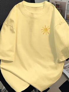 2026美式纯棉夏季奶黄色短袖t恤男女款半袖情侣装ins宽松凉感上衣