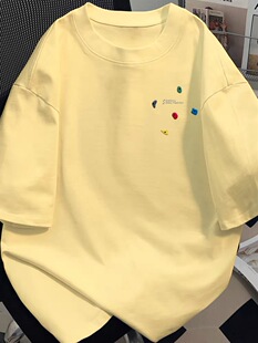 美式慵懒风彩色图形印花T恤夏季男女款情侣装纯棉短袖奶黄色上衣