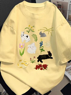 美式手绘花草兔子印花T恤夏季男女情侣装纯棉短袖奶黄色潮流上衣