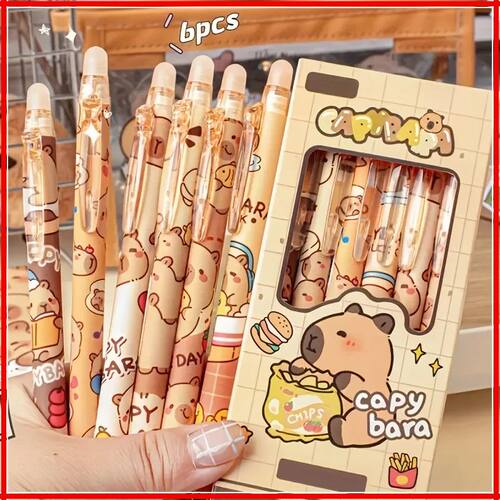 6pcs Cute Capybara Erasable Gel Pens | 0.5mm Retractable Blu