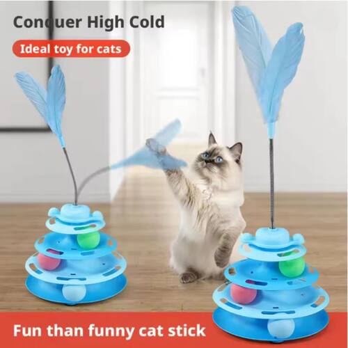 Pattern Feather Cat Toy, Three-layer Rotating Tower with Bal
