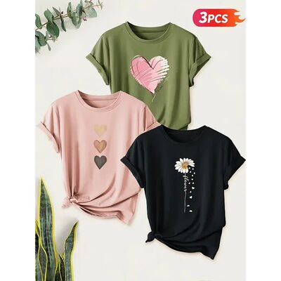 3-piece Floral and Heart-shaped Printed Womens Colorful Casu