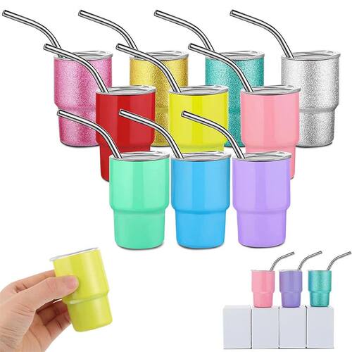 1 Piece 2oz Mini Tumbler Shot Glass with Straw and Lid Stain