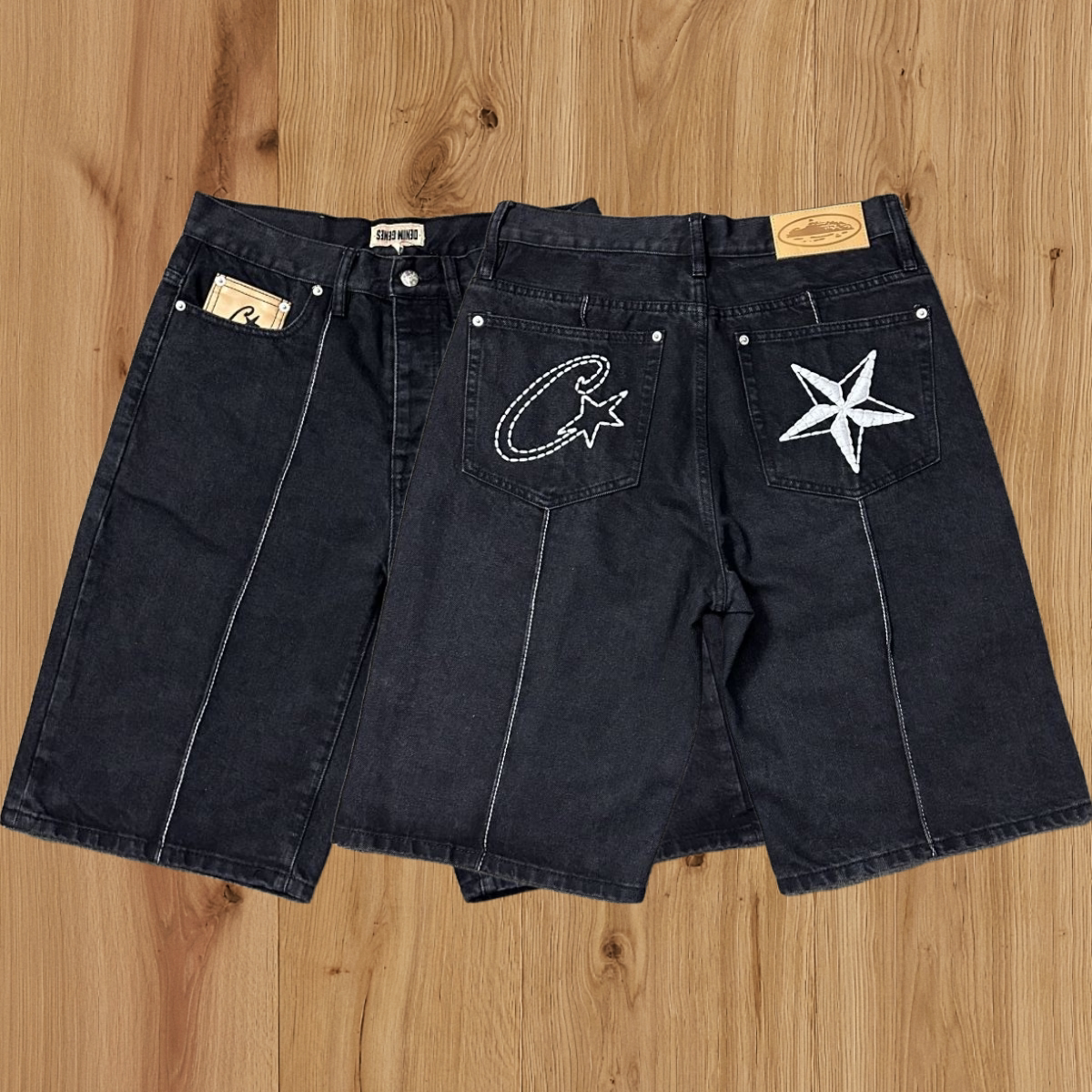 thumbnail for High-end Corteiz Alcatraz West Coast denim shorts with Kapok collaboration, American street style six-point pants trendy.