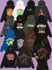 High-End Sp5Der American Hip-Hop Hoodie and Sweatpants Set with Foam-Printed Spider Web, High Street Loose-Fitting Sweatshirt, Trendy