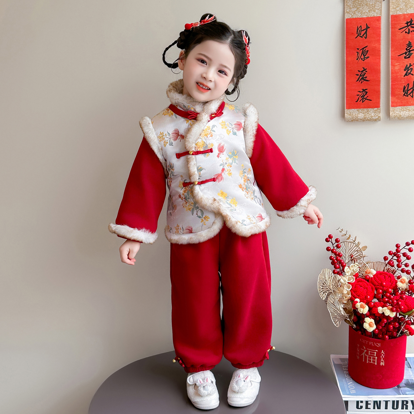 拜年服女童加厚冬季女宝宝过年衣服儿童新中式国风套装儿童新年装