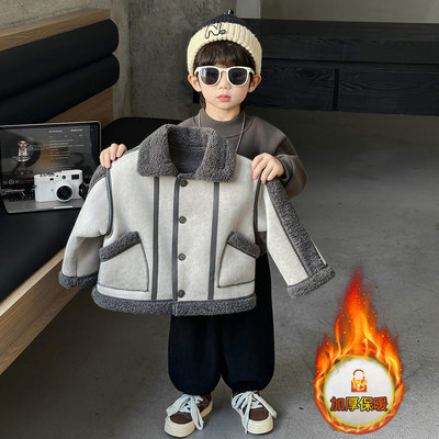 男童加绒外套秋冬款2025新款男孩帅气皮毛一体冬季三件套儿童加厚