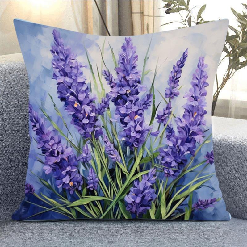 客厅沙发抱枕浪漫紫色花卉靠枕薰衣草十字绣手工印花满绣线绣ins