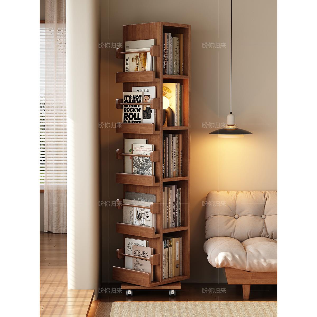 实木旋转书架家用可移动360度置物架学生书本收纳架卧室靠墙书柜