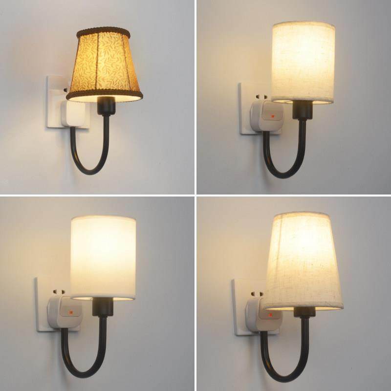 免打孔免布线直插头款壁灯布艺卧室床头小夜灯插座式照明灯带开关
