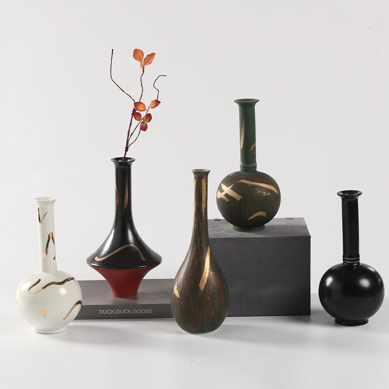 宋代美学花瓶摆件覆古陶瓷中式客厅荷花插花餐桌宋式轻奢描金高档
