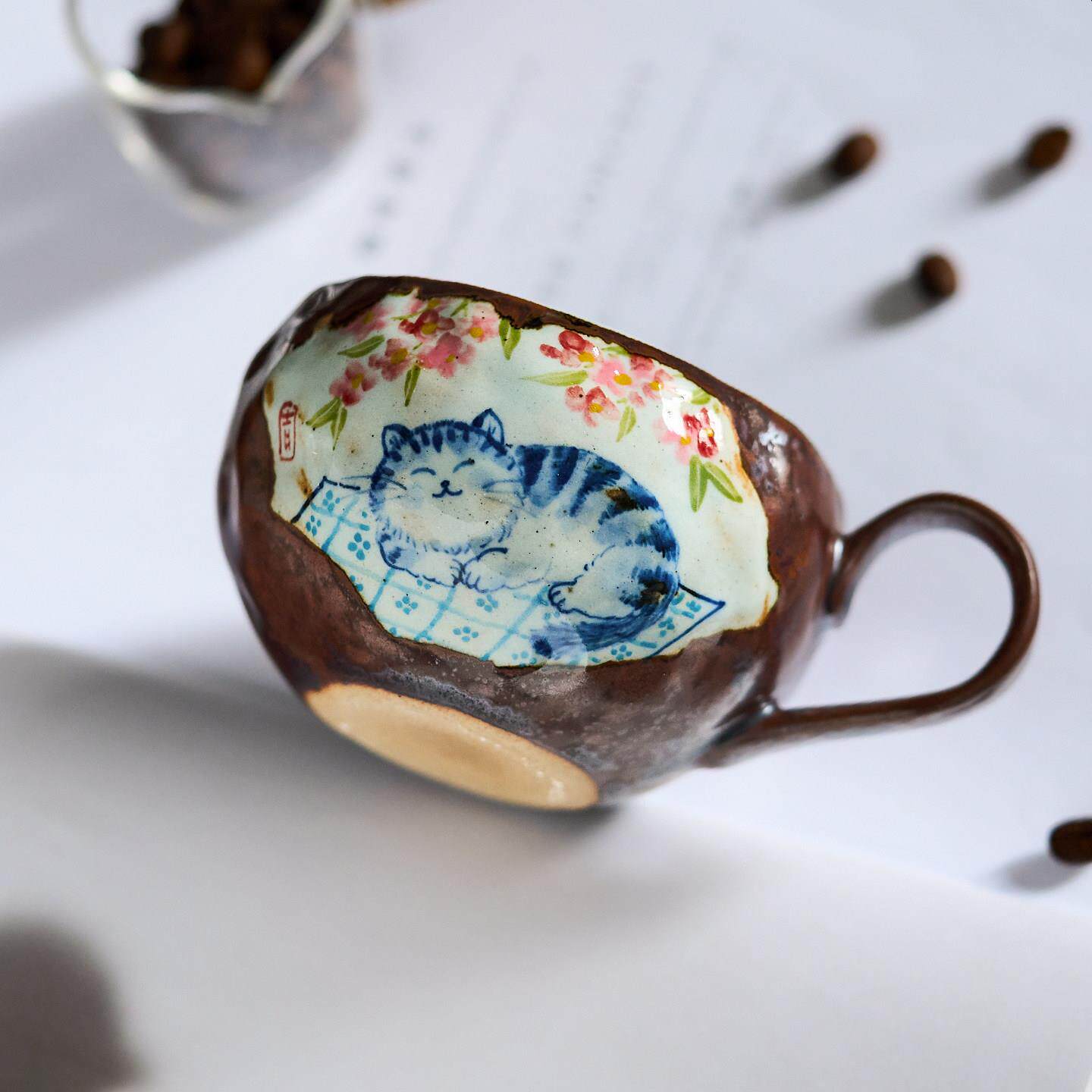 景德镇覆古陶瓷釉下彩手绘陶艺可爱猫咪咖啡杯水杯个性办公马克杯