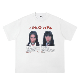 原创设计大逃杀tee栗山千明日文圆领宽松纯棉麻棉短袖重磅小领口