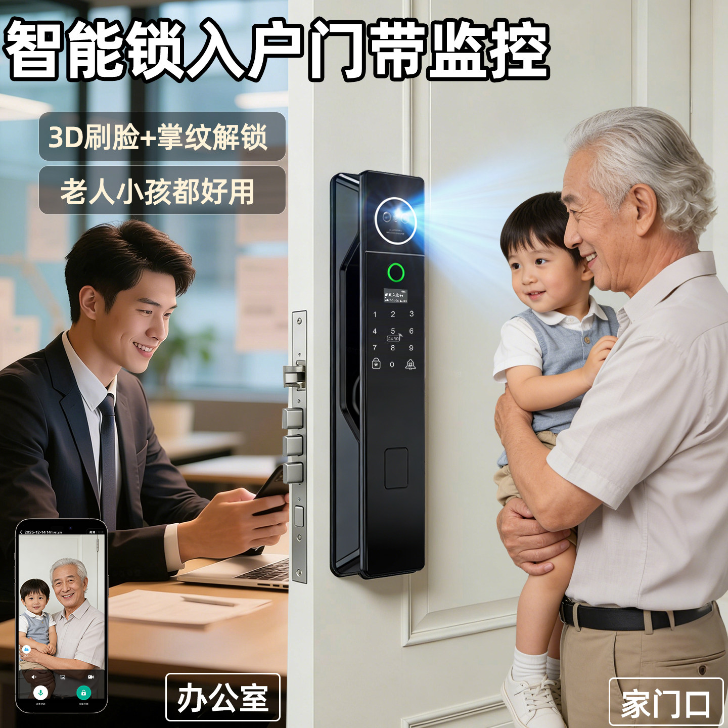 智能锁入户门带监控刷脸密码锁家用2026新款指纹锁防盗锁上门安装