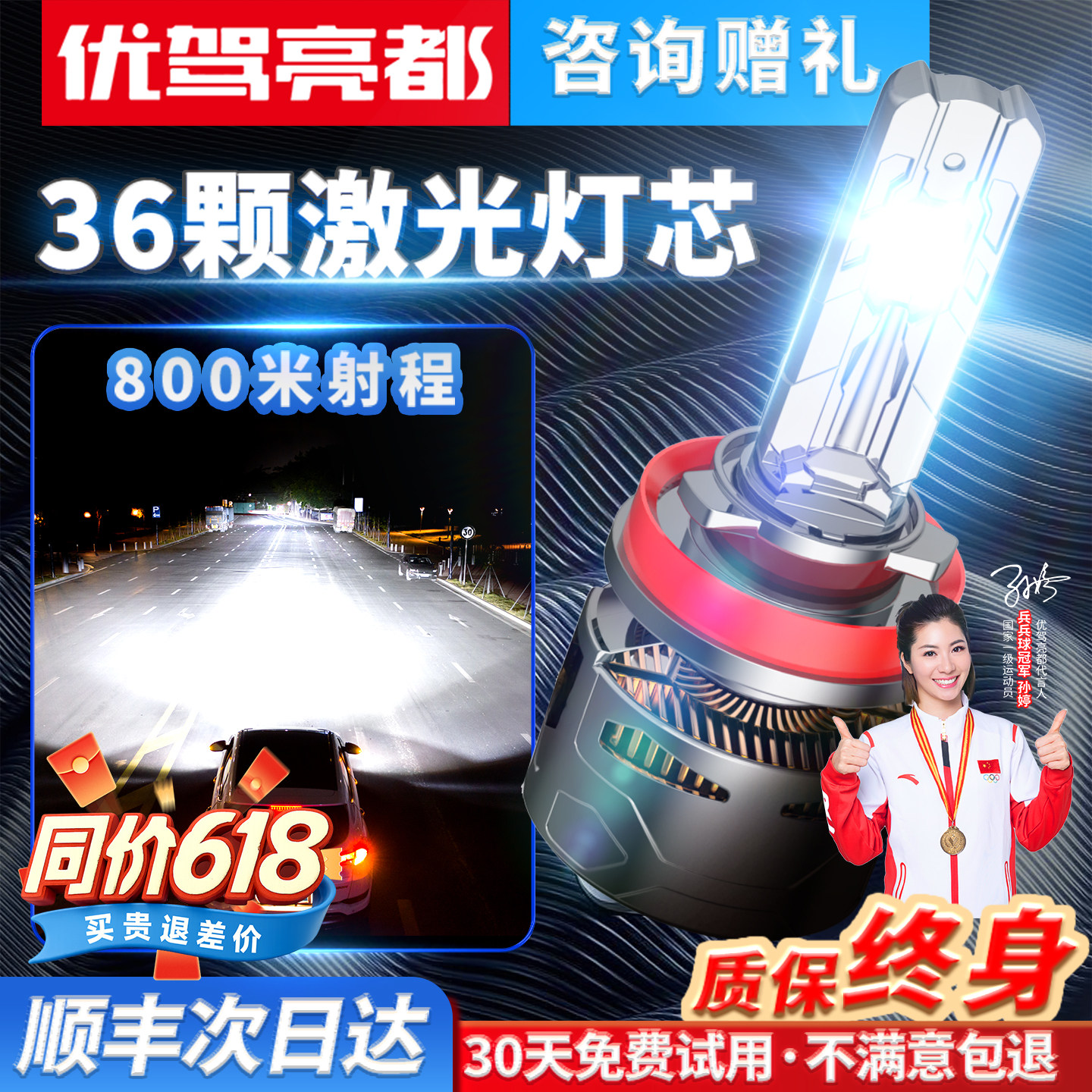 汽车激光大灯强光高亮LED车灯远光近光一体透镜超亮聚光改装灯泡