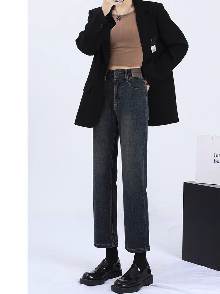 窄版直筒牛仔裤女春秋季韩版2025新款百搭高腰显瘦小个子烟管裤子