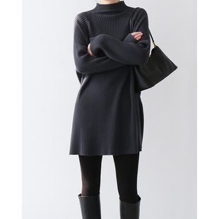半高领针织连衣裙女春秋冬2025新款宽松加厚中长款毛衣打底衫裙子
