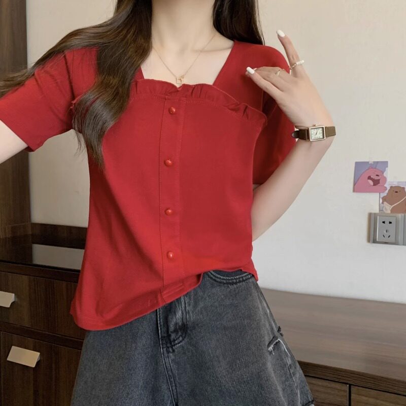 红色方领短袖T恤女夏季2025新款大码洋气显瘦小个子正肩短款上衣