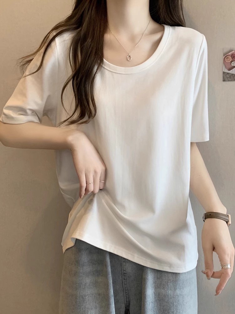韩版U领正肩短袖t恤女夏季2025新款大码女装宽松显瘦上衣打底衫女