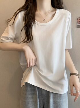 韩版U领正肩短袖t恤女夏季2025新款大码女装宽松显瘦上衣打底衫女
