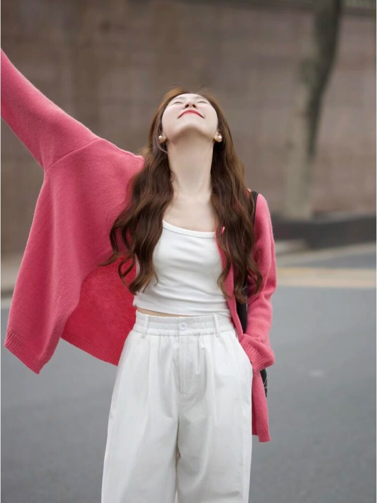 粉色软糯针织开衫女春秋2026新款韩版宽松百搭上衣中长款毛衣外套