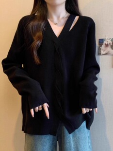 V领黑色毛衣女春秋冬2025新款大码设计感慵懒风宽松针织衫上衣女