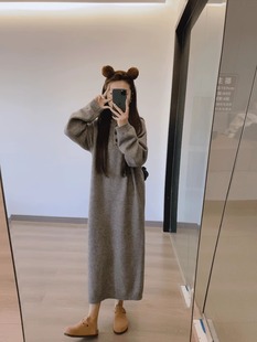 中长款毛衣裙女秋冬2025新款覆古休闲直筒连帽针织连衣裙长裙子女