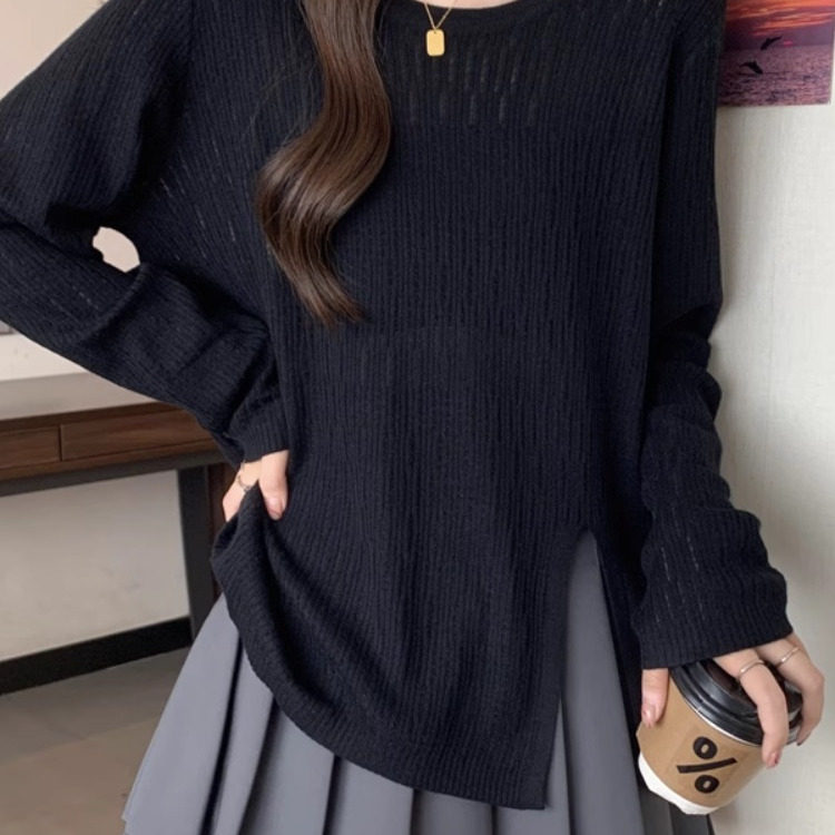黑色镂空打底针织衫女春秋季2025新款大码女装宽松内搭中长款上衣