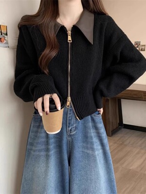 双拉炼皮领针织开衫女秋冬2025新款大码气质显瘦短款毛衣外套上衣