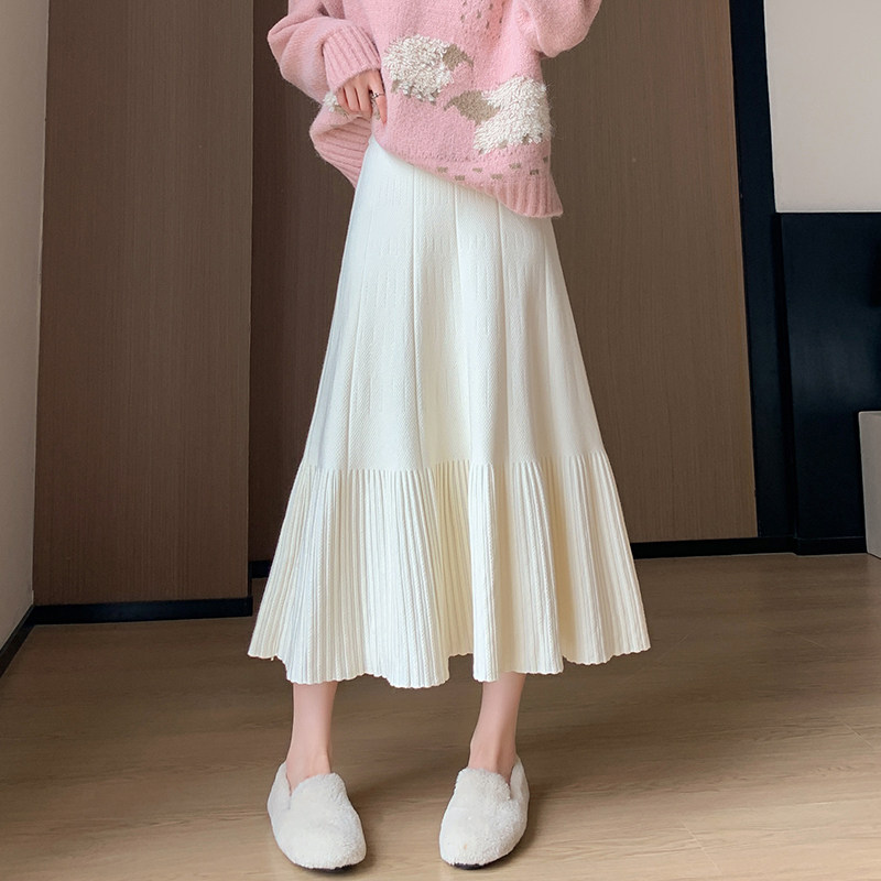 针织半身裙女秋冬小个子2026新款中长款大摆鱼尾毛线百褶a字裙子
