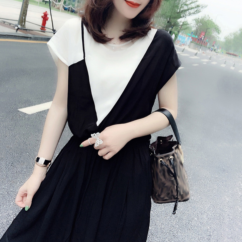 连衣裙女夏中长款2025新款胖妹妹收腰显瘦假两件雪纺裙子大码女装
