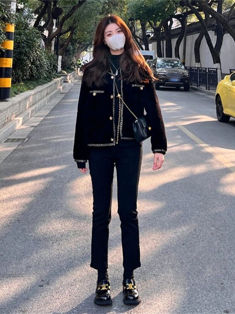 法式小香风外套女春秋冬2025新款时尚百搭小个子黑色短款毛呢大衣