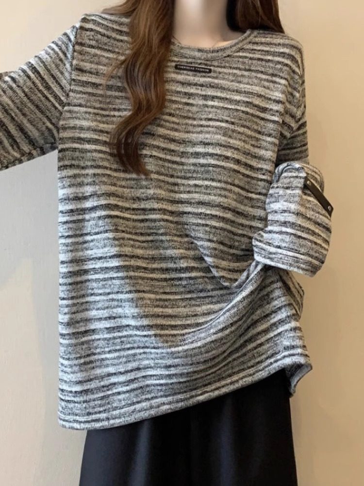 渐变条纹长袖T恤女春秋2025新款大码女装慵懒风复古打底衫上衣女