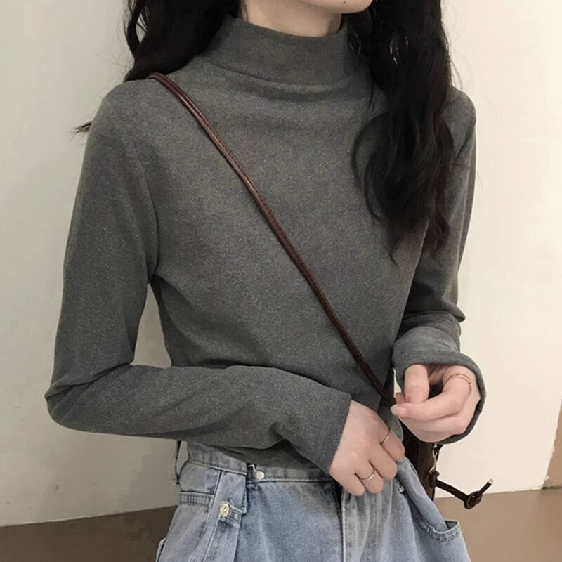 半高领长袖t恤女内搭春秋百搭2025新款韩版立领磨毛打底衫女上衣